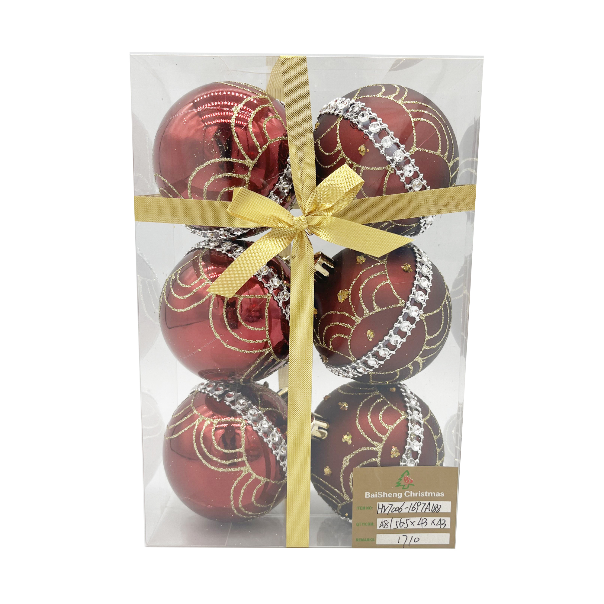 7cm Painted Christmas Balls, 6pcs In PVC Box With Ribbon