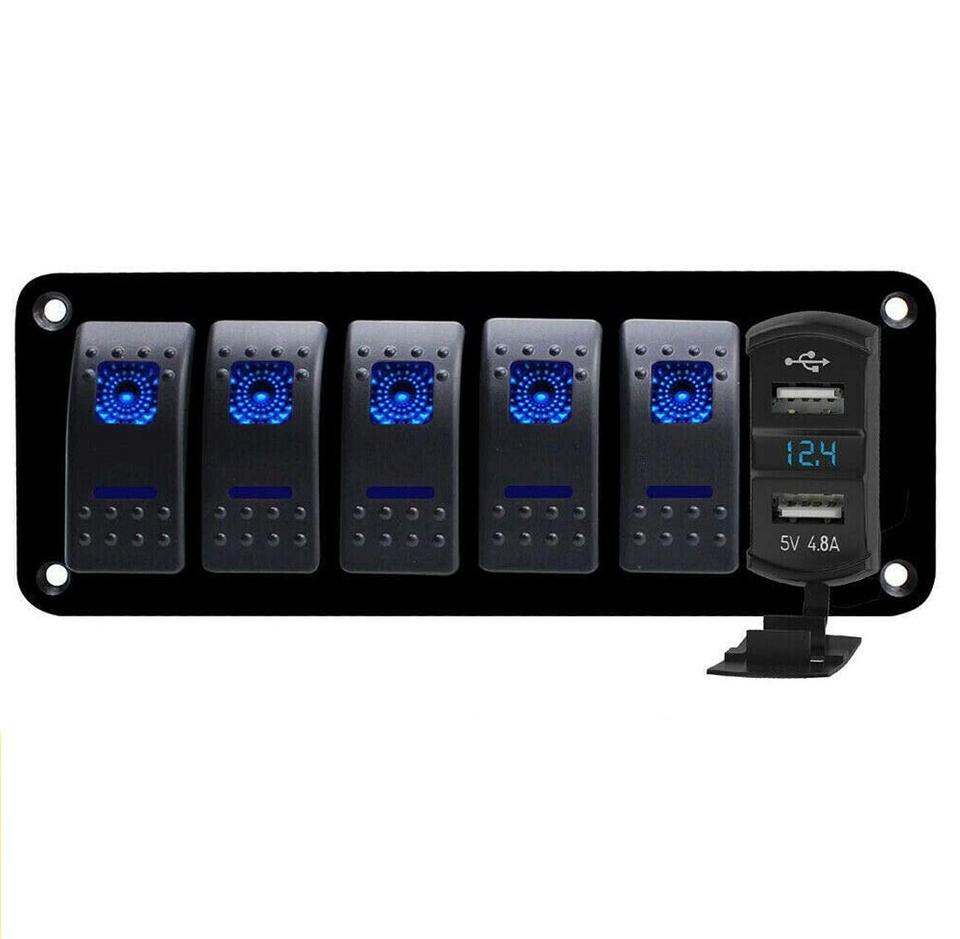 IP65 Sealed Car Boat 5 Gang SPST 5 Position 5 Pin Wire Connect Marine Rocker Switch Aluminum Panel