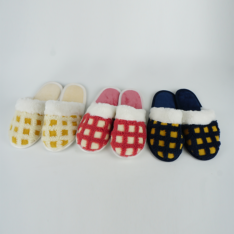 Classical 3D grid faux fur micro fleece lining TPR sole womens ladies indoor room house slippers