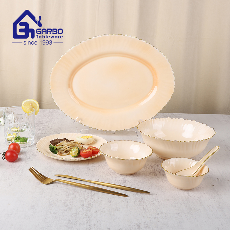 Premium Khaki color 33pcs opal glass dinner set with gold rim