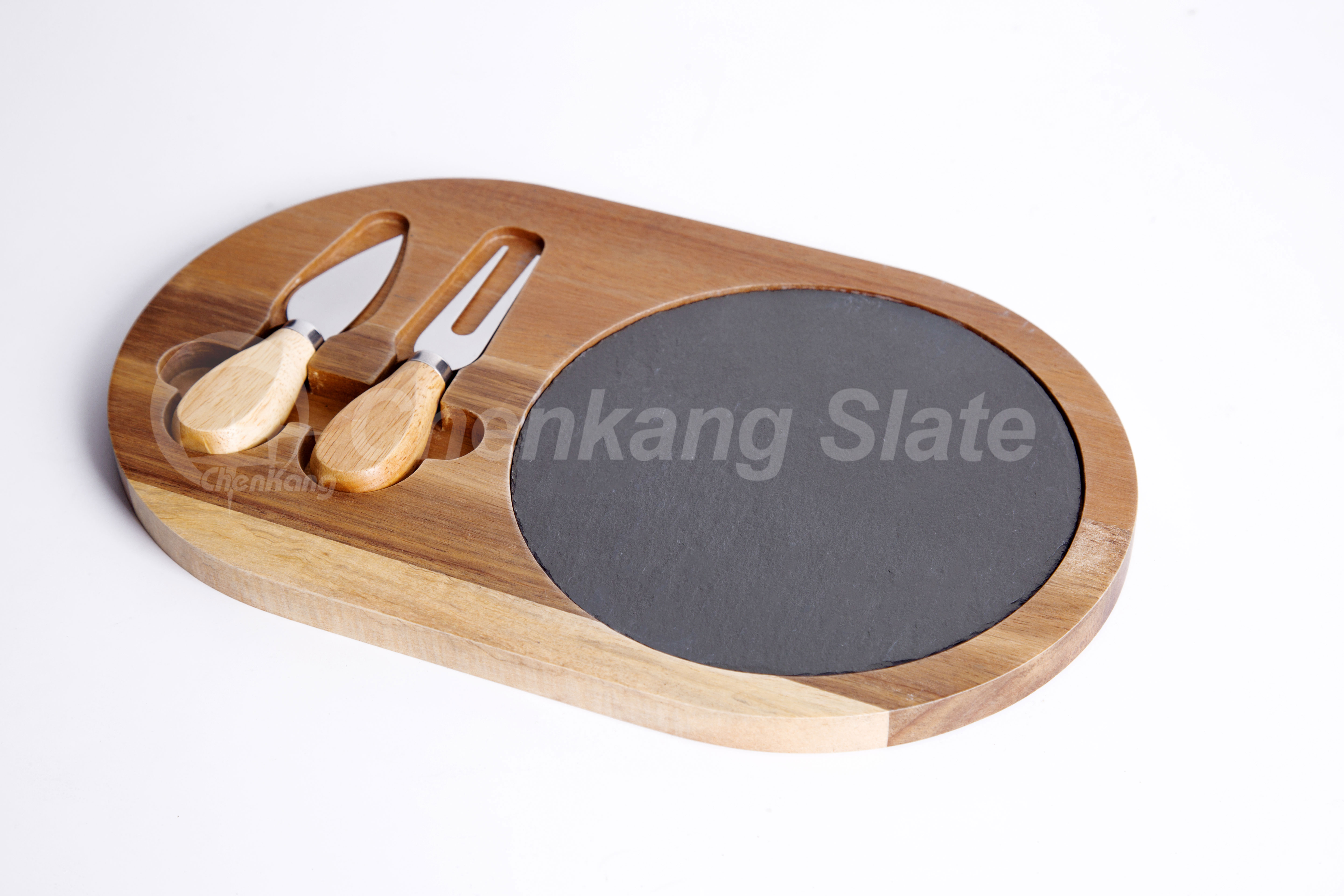 Wood and Slate Serving Tray with Cheese Knife Set
