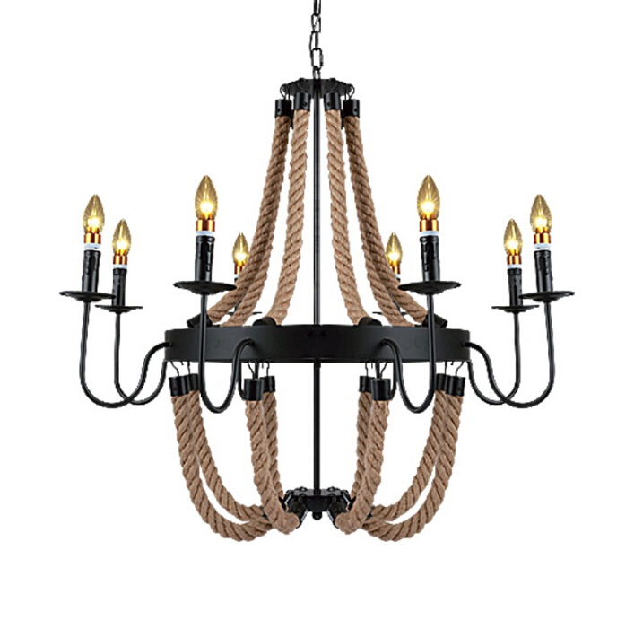 Nordic Chandelier, Pendant Lamp Indoor Loft Retro Hemp Rope Vintage Iron Chandelier, Light Fixtures
