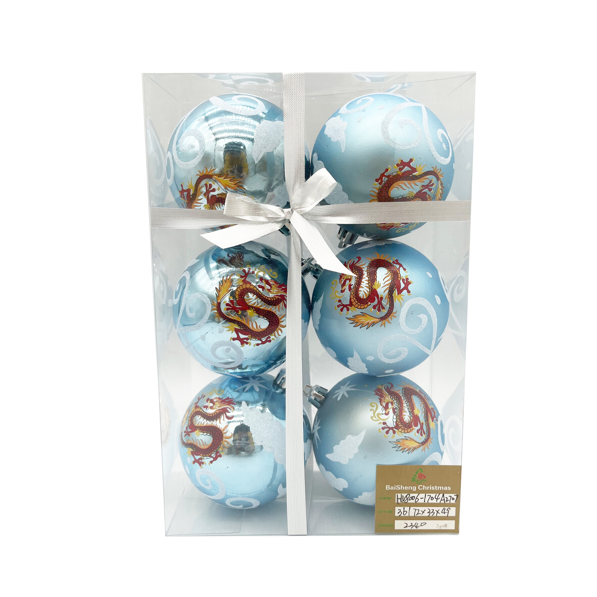 8cm Painted Christmas Balls, 6pcs In PVC Box With Ribbon