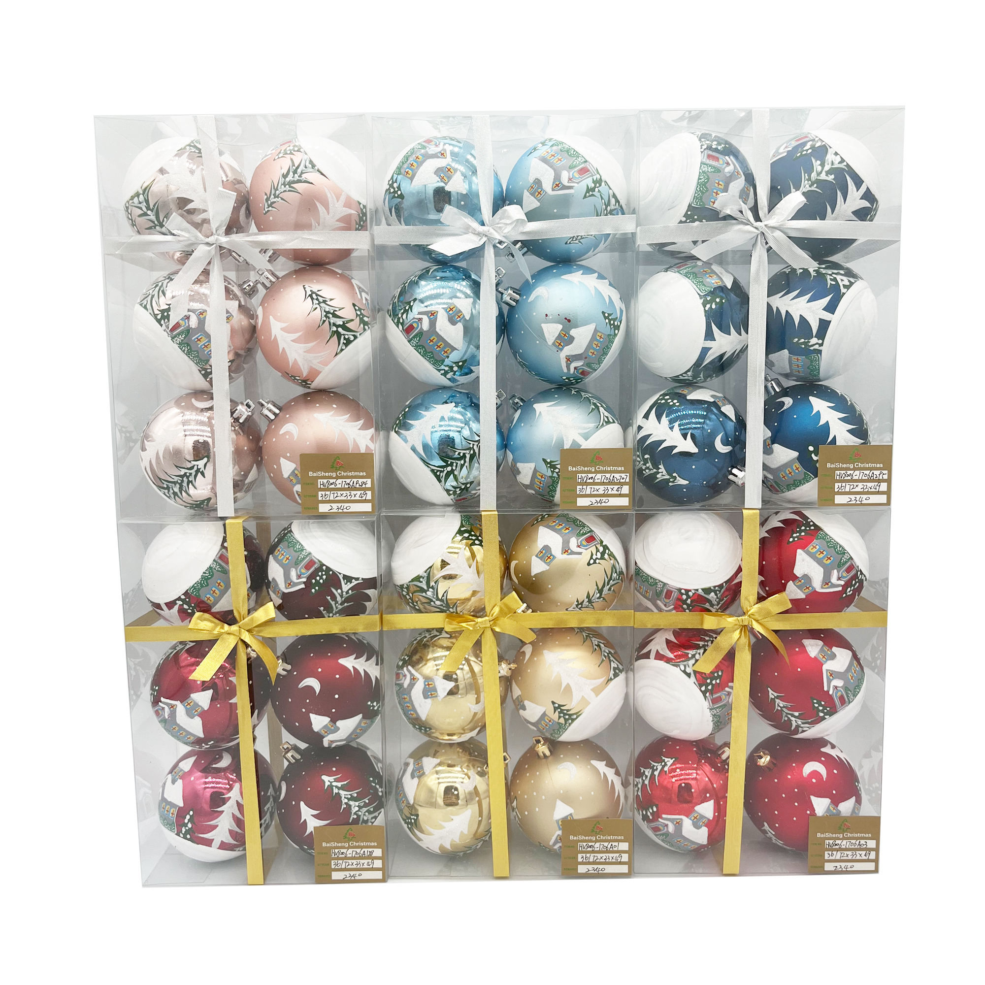 8cm Painted Christmas Balls, 6pcs In PVC Box With Ribbon