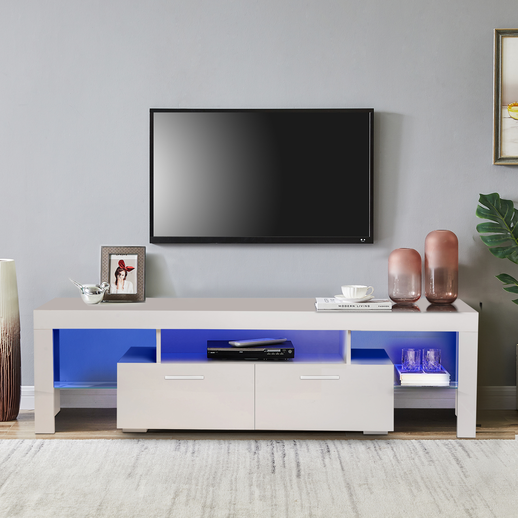 TV stand 1.6M glossy white with led lights