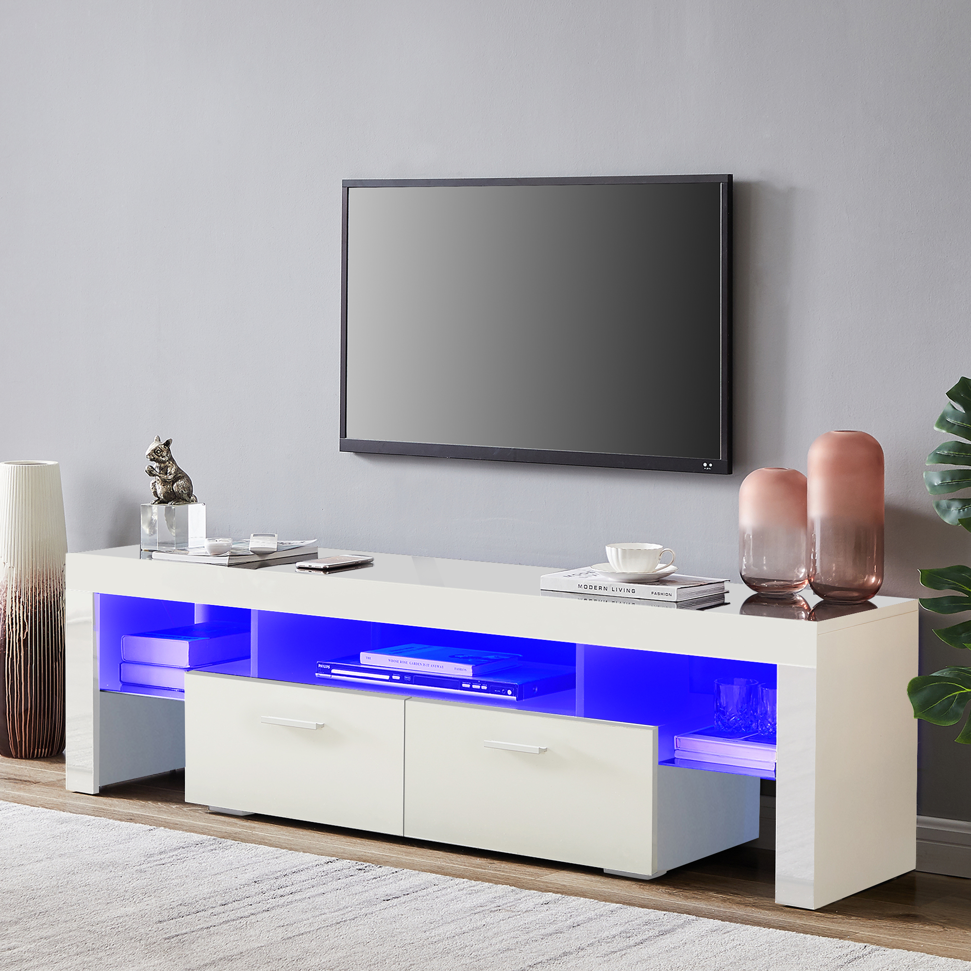 TV stand 1.6M glossy white with led lights