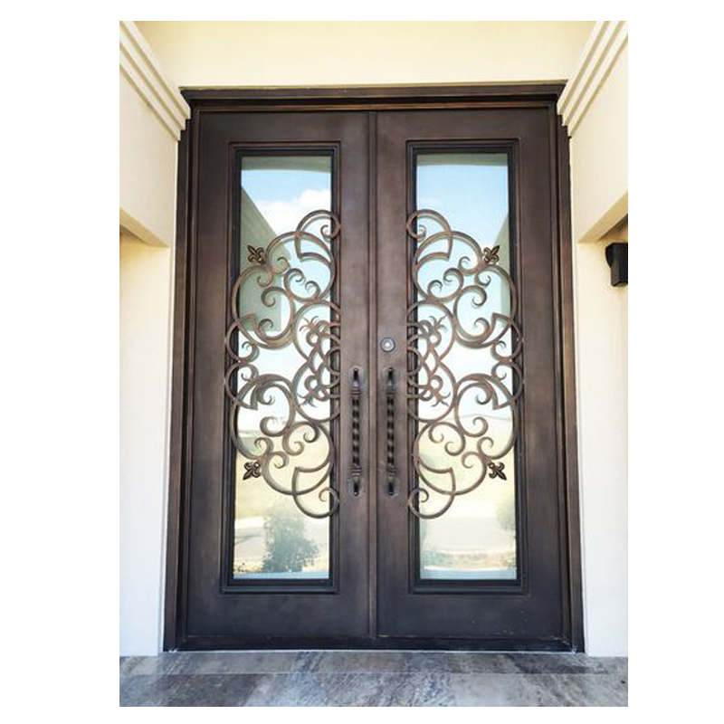Customized square top double wrought iron door with tempered glass widnow