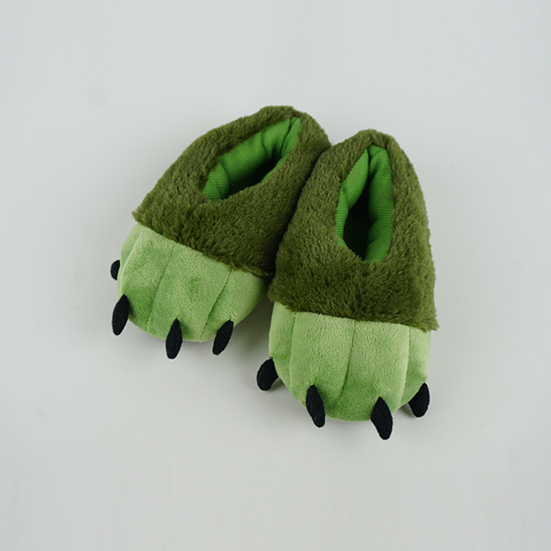Green dinosaur paw PV fleece thick sole woman lady indoor room house slippers