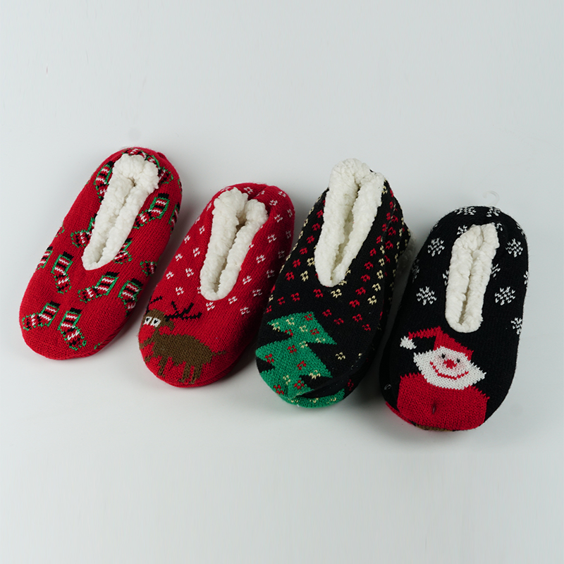 Christmas tree Santa Cluas deer knitted jacquard sherpa lining woman lady indoor room house slippers