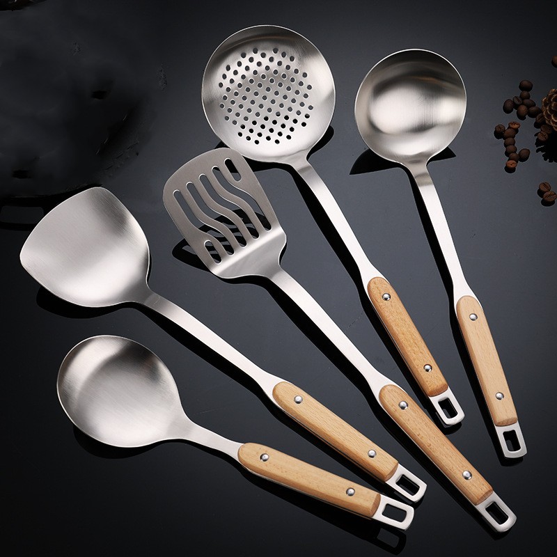 Stainless steel kitchen ware with bistro wooden handle