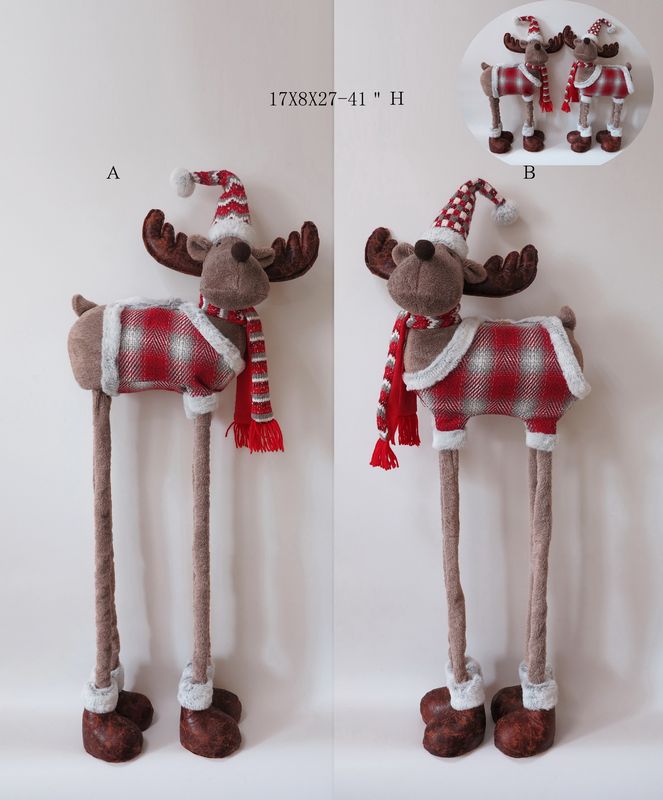 Red & Grey Series Standing Moose Reindeer With Extendable Legs Christmas Decoration