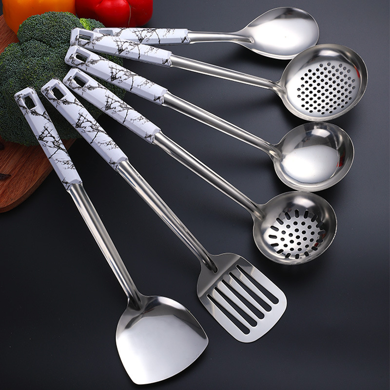 Stainless steel kitchen ware with marble pattern plastic handle