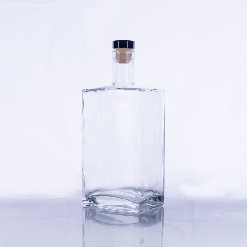 Transparent flat square vodka whisky glass empty wine bottle 750ml stopper set with seal caps