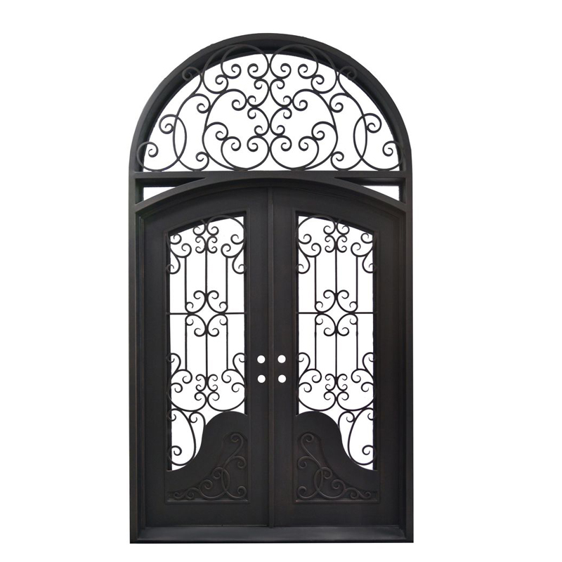 Metal French double main arch wrought iron entrance doors iron doors with fixed top transom