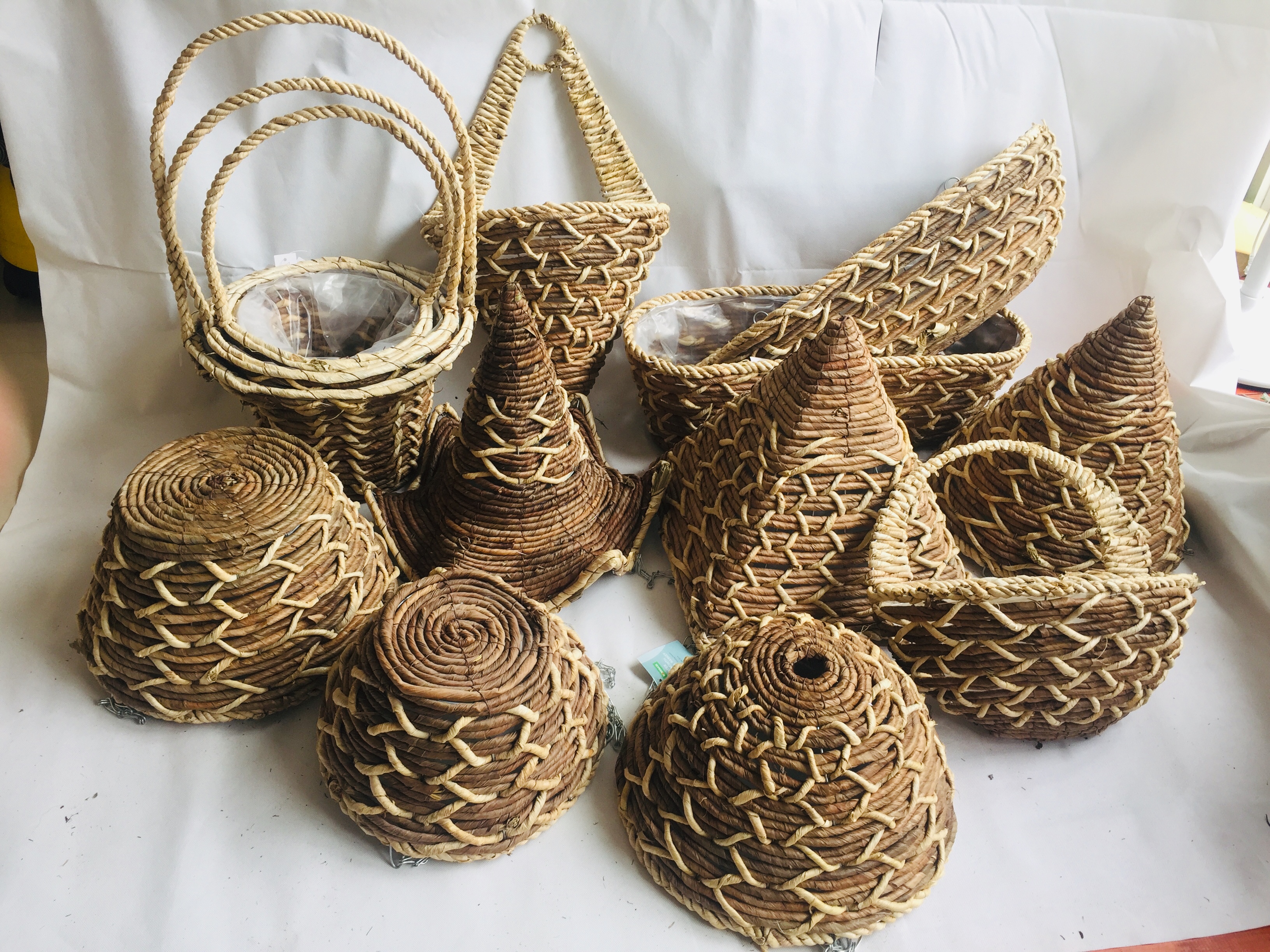 12"Banana leaf rope hanging basket cone basket handmade planter wall cone basket