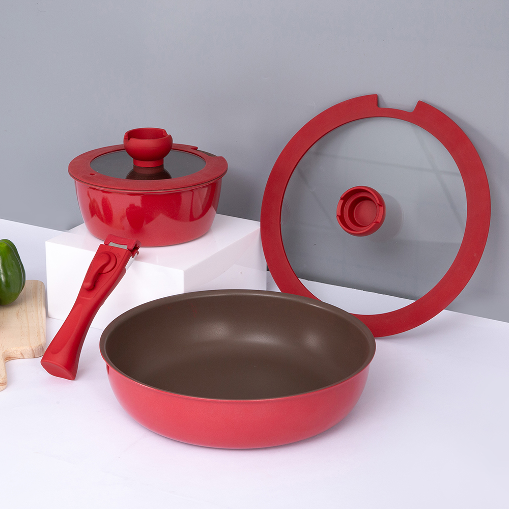 Red detachable handle aluminum cookware set