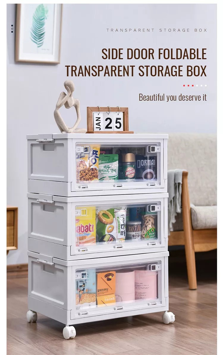 New Collapsible Stackable Clear Latchable Organizer Plastic Folding Outdoor Storage Box With Wheels