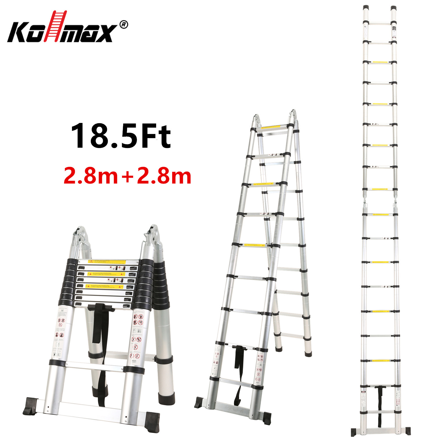 Kollmax 2.8M+2.8M A Frame Telescopic Extension Ladder 18.5Ft Folding Multi Purpose 5.6m Loft Ladder