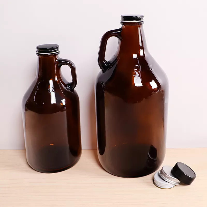 Amber 64 oz beer growler with metal or plastic lid
