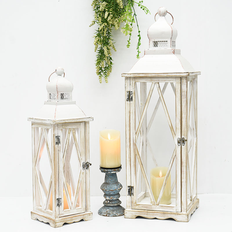 Wholesale vintage Farmhouse white wedding Decorative Garden Metal Wood Led Candle Lantern Home Decor