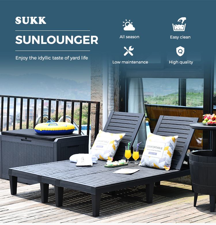 SUKK Wetherproof Adjustable Rattan Sunbed Plastic Sun Beach Lounger Chaise lounge For Pool Side
