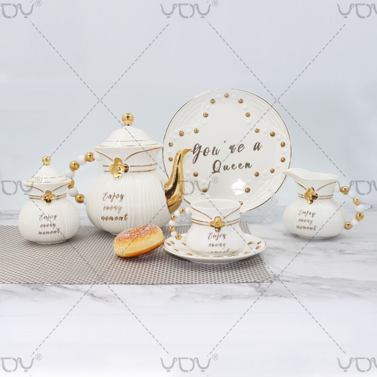 New bone china gold plated modern luxury design ceramic coffee modern fine china tea set