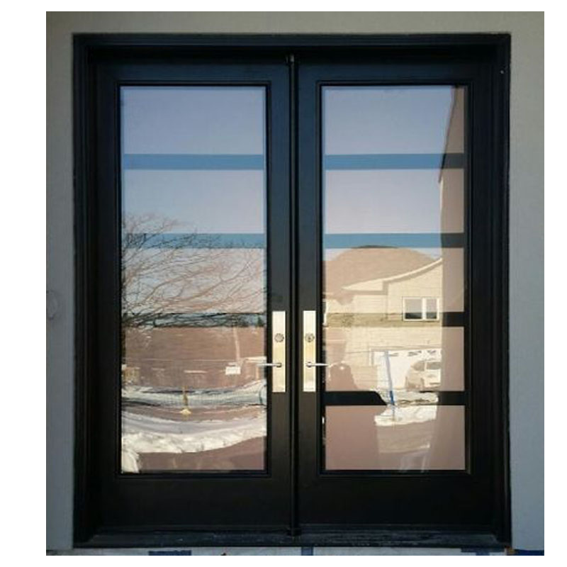 Exterior modern front entry wrought iron door design with grids