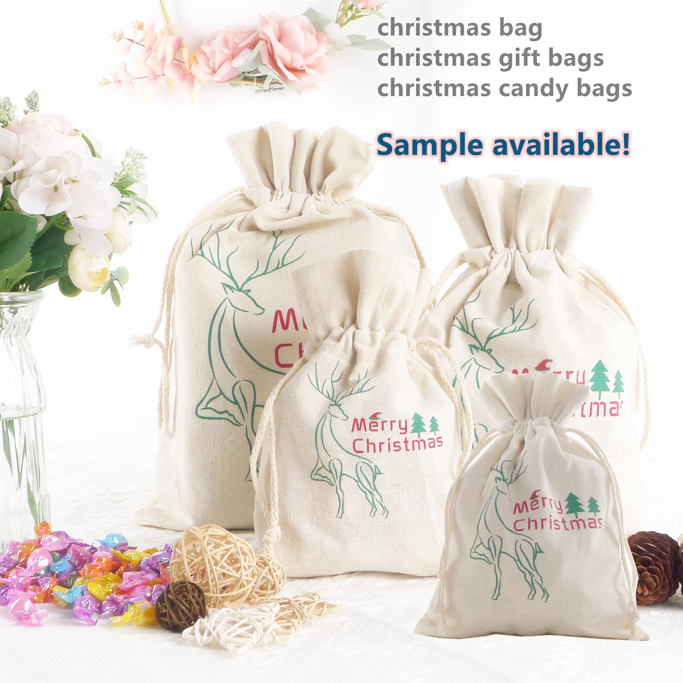 Wholesale Hot Selling Christmas bags Polyester Cotton Canvas Reusable Drawstring Gift Candy Bag