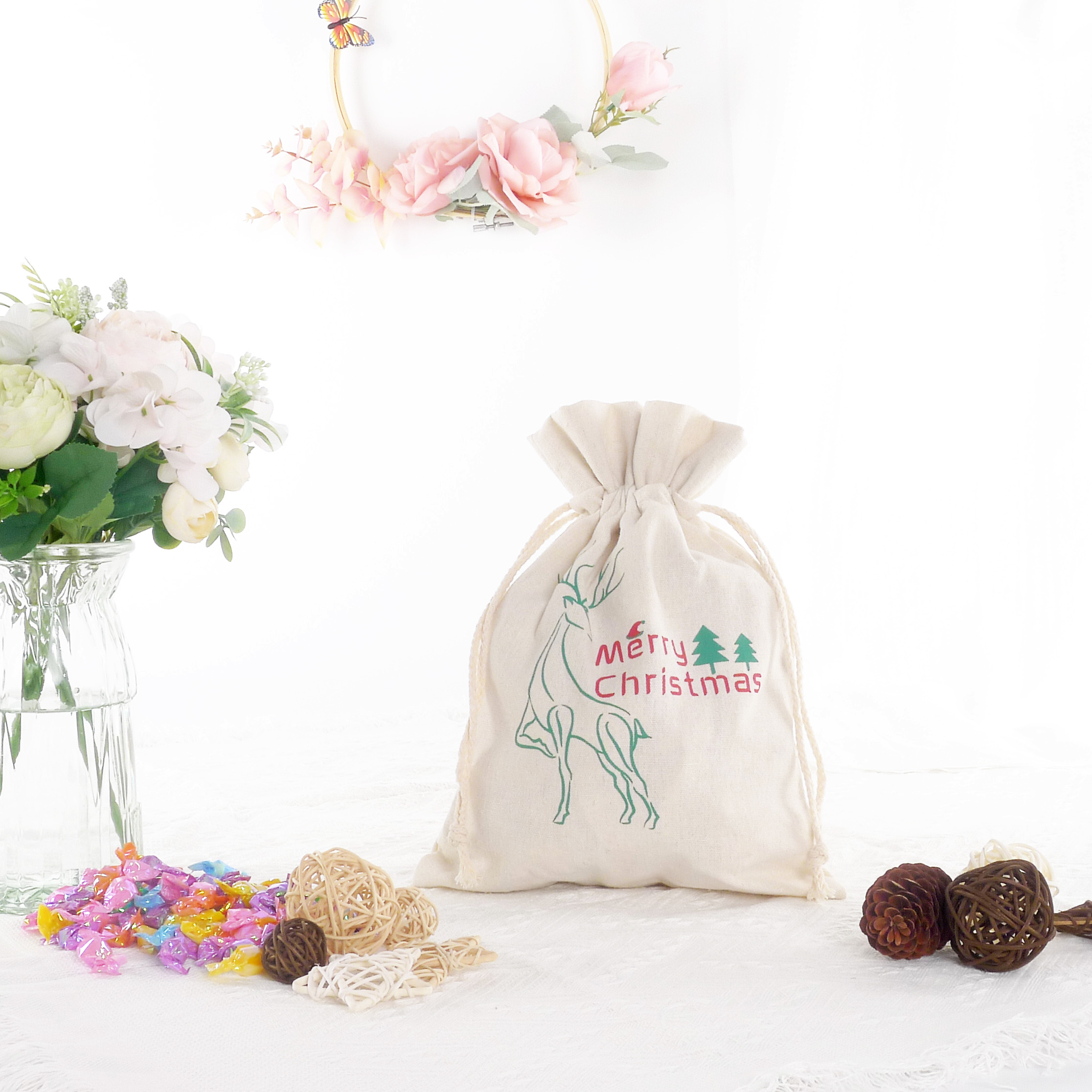 Custom Hot Selling Christmas bags Polyester Cotton Canvas Reusable Drawstring Gift Candy Bag