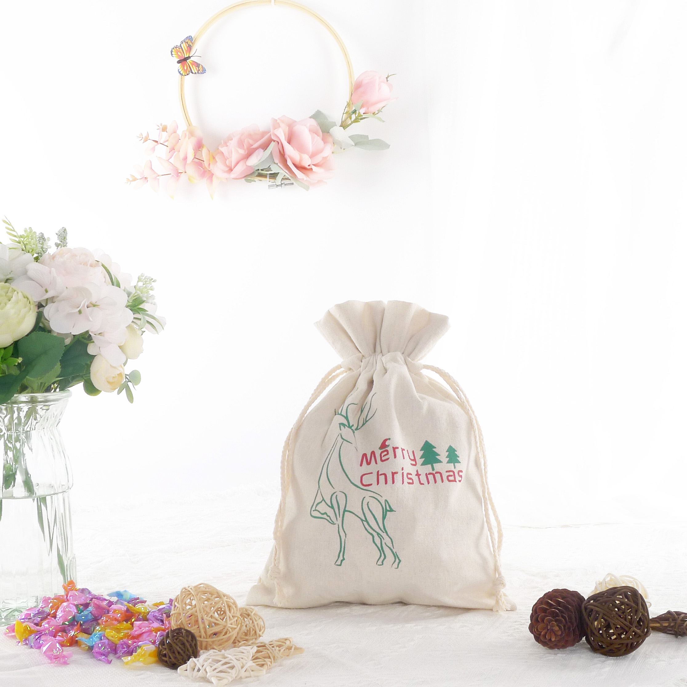 Custom Hot Selling Christmas bags Polyester Cotton Canvas Reusable Drawstring Gift Candy Bag