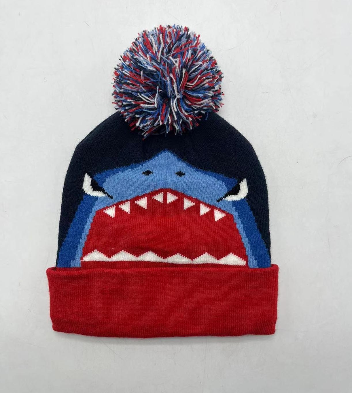 AWRS-231905 ALLCH Boys SHark Winte Beanie Hat With Fake Fur Pompom