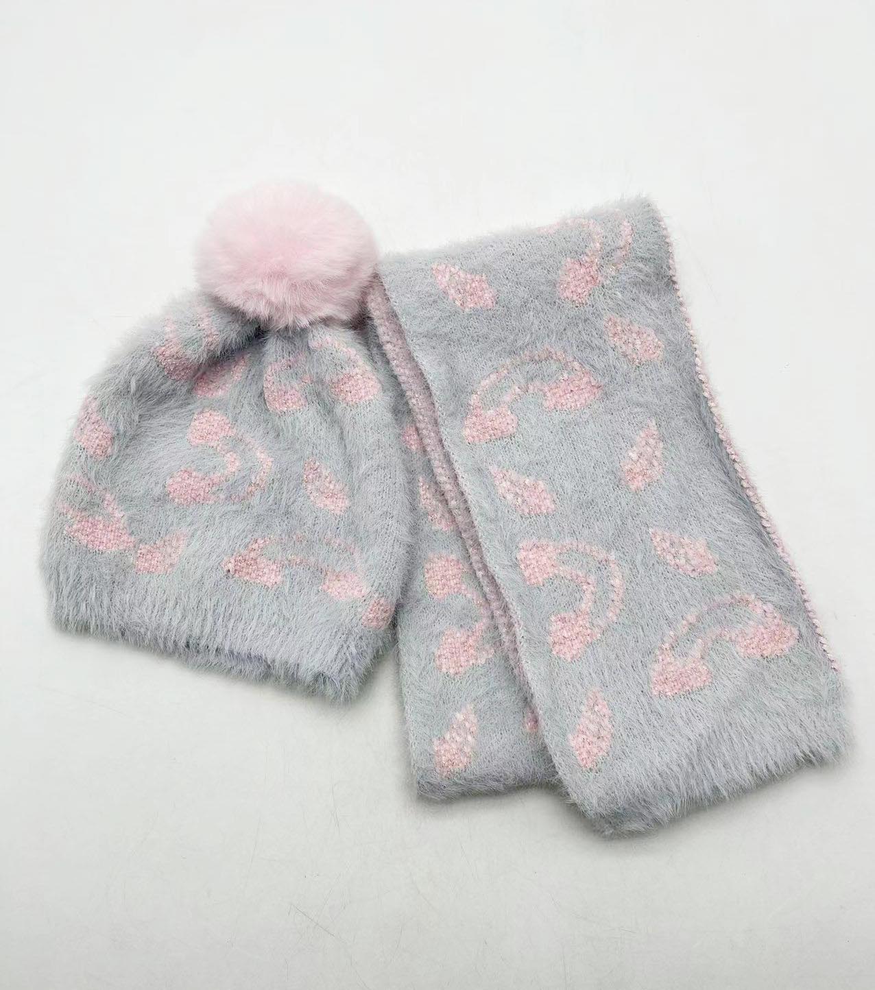 AWRS-231906 ALLCH Girls Leopard Jacquard Beanie Hat and ScarfBeanie Hat With Fake Fur Pompom