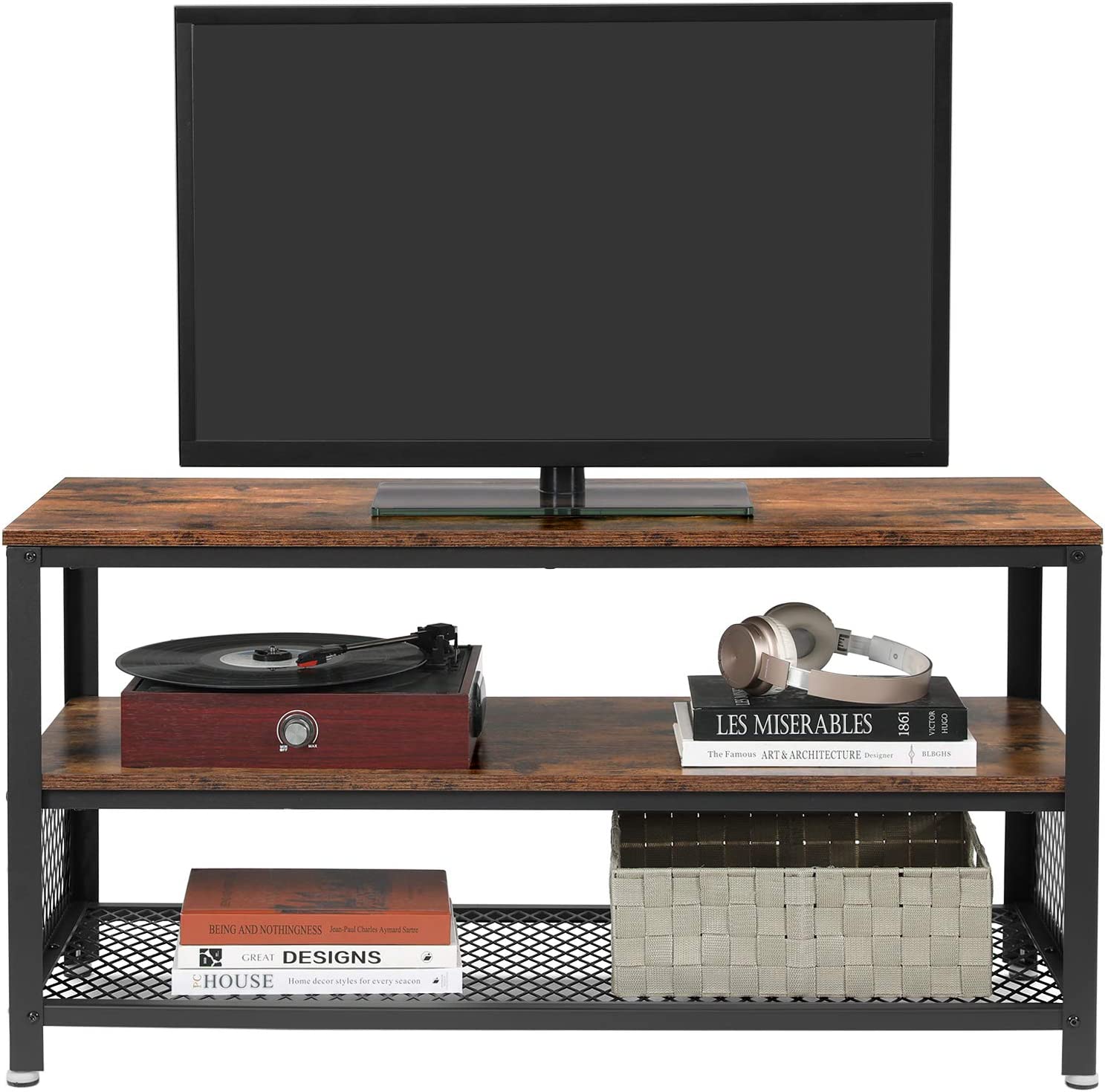 Vintage Dark Brown Industrial Design Metal Frame Wood Grain TV Stand Console Living Room Table