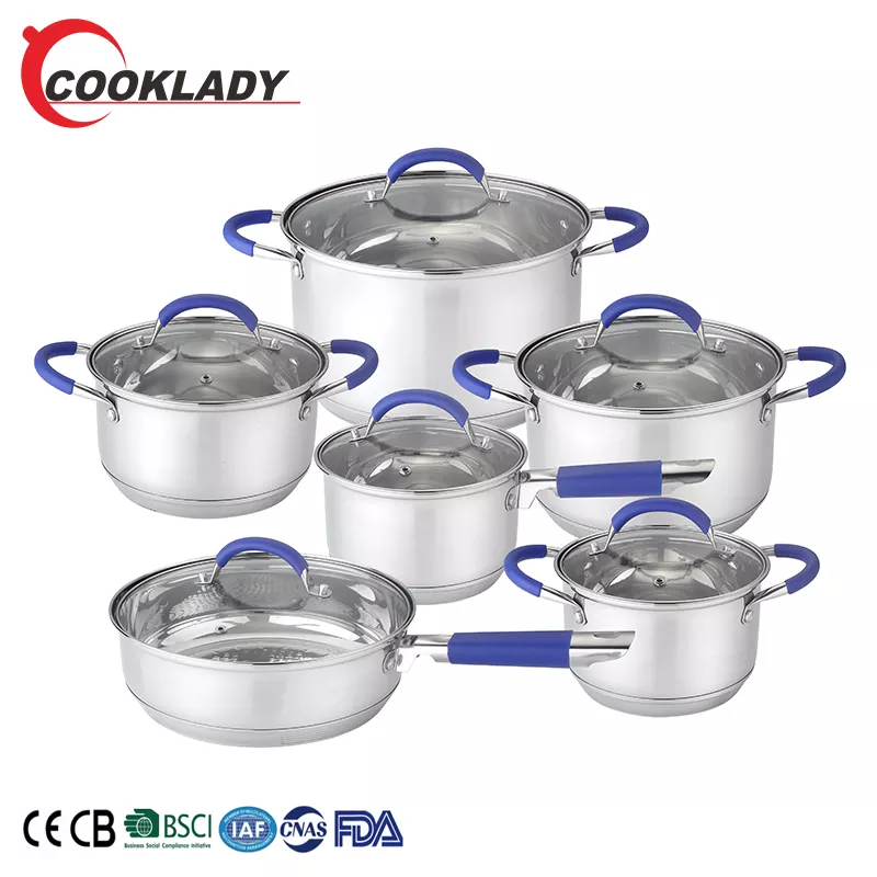 12Pcs Silicone Handle Cooking Pot Cookware Stainless Steel Cookware Set With C Shape Glass Lid