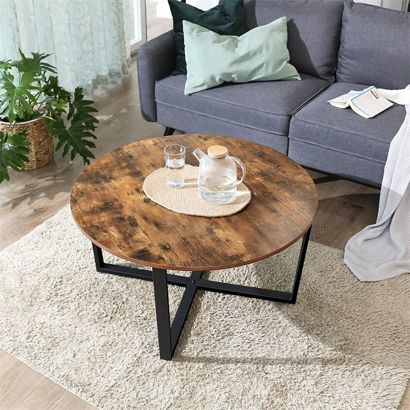 Rustic Brown Industrial Cocktail Table Round Coffee Table with Durable Metal Frame for Living Room