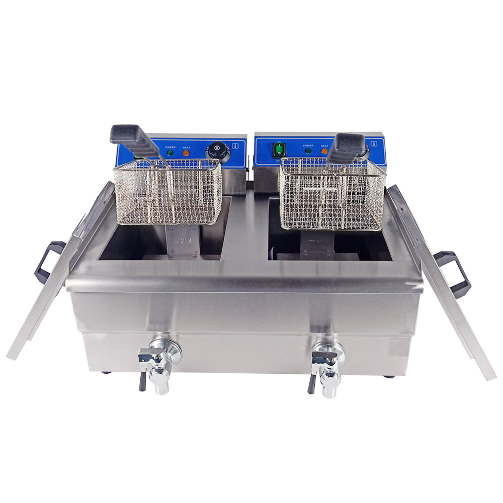 Double tank 20L thick commercial chicken potato chips electric deep fryer with faucet