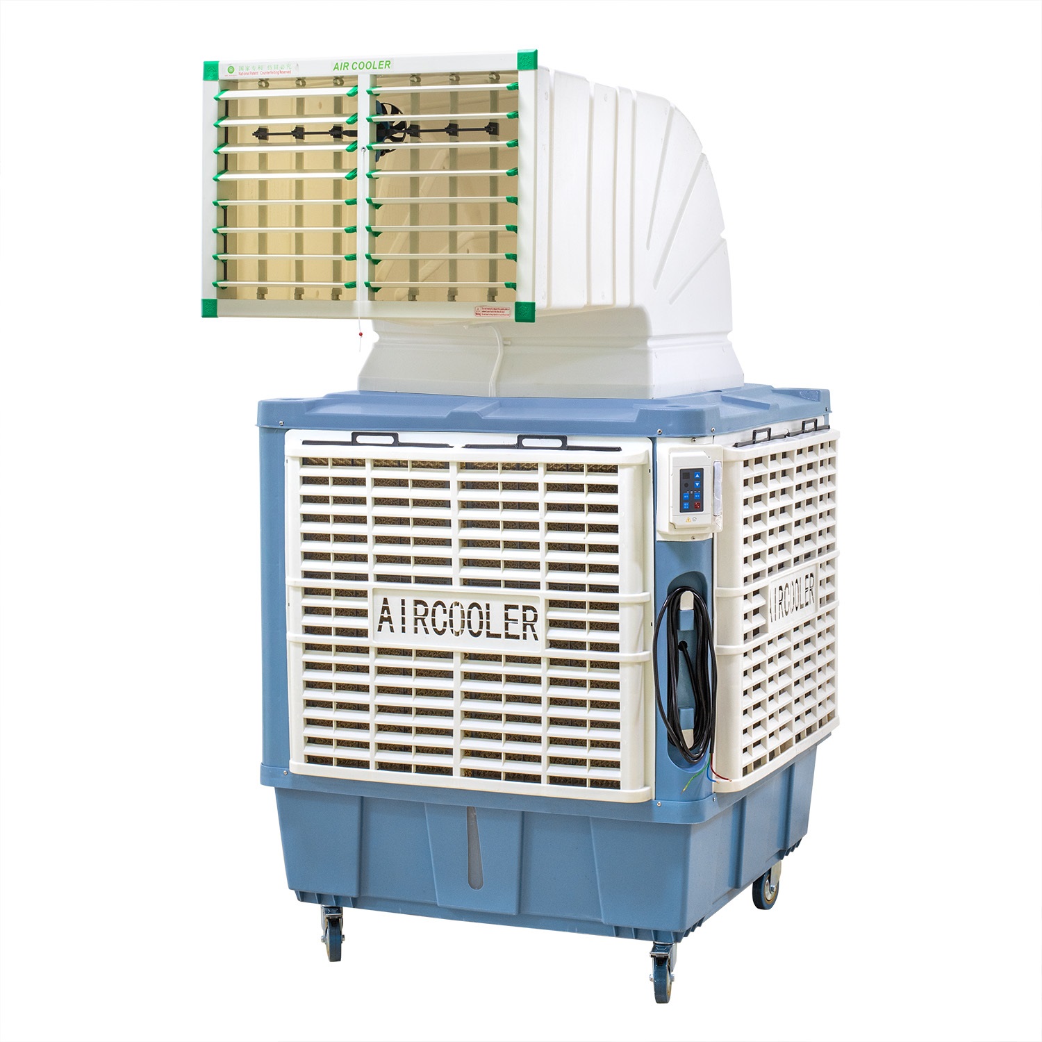 Portable evaporative air cooler top dischargege