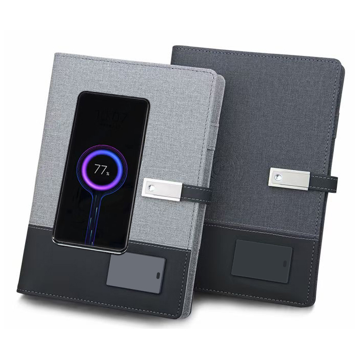 PU Leather Canvas Portfolio Organizer Power Bank Battery 3 in1 Multi Charger Cable Charging Notebook