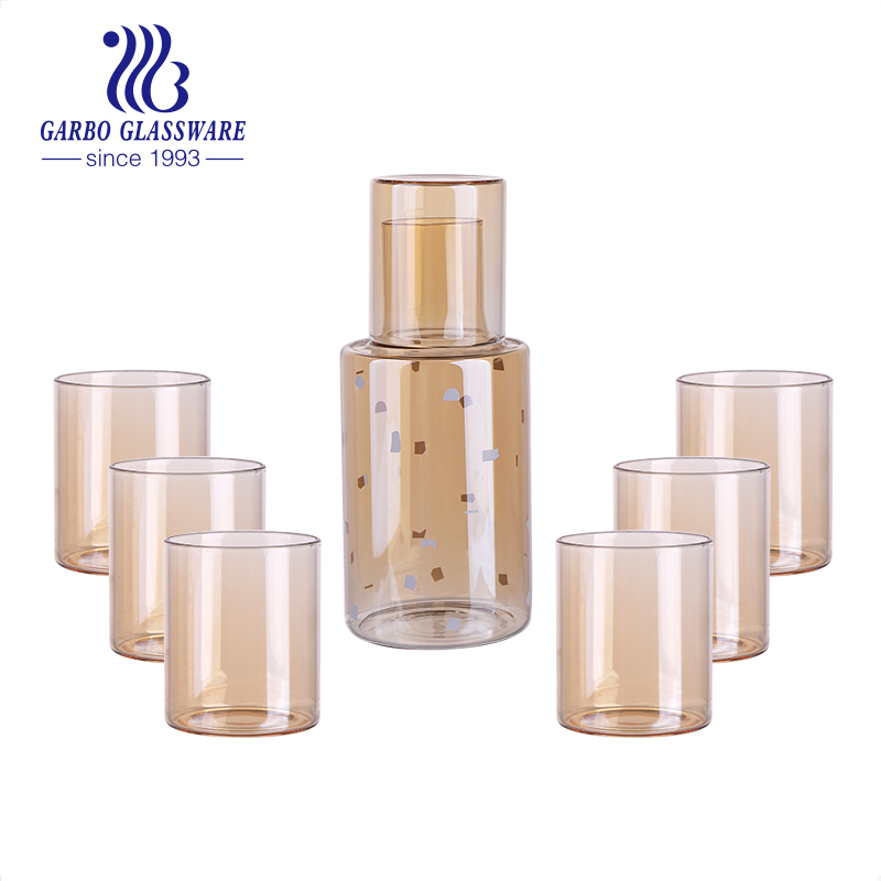 Handmade luxury 8pcs glass drinking set ion plating decals glass jugs and cups glass water set
