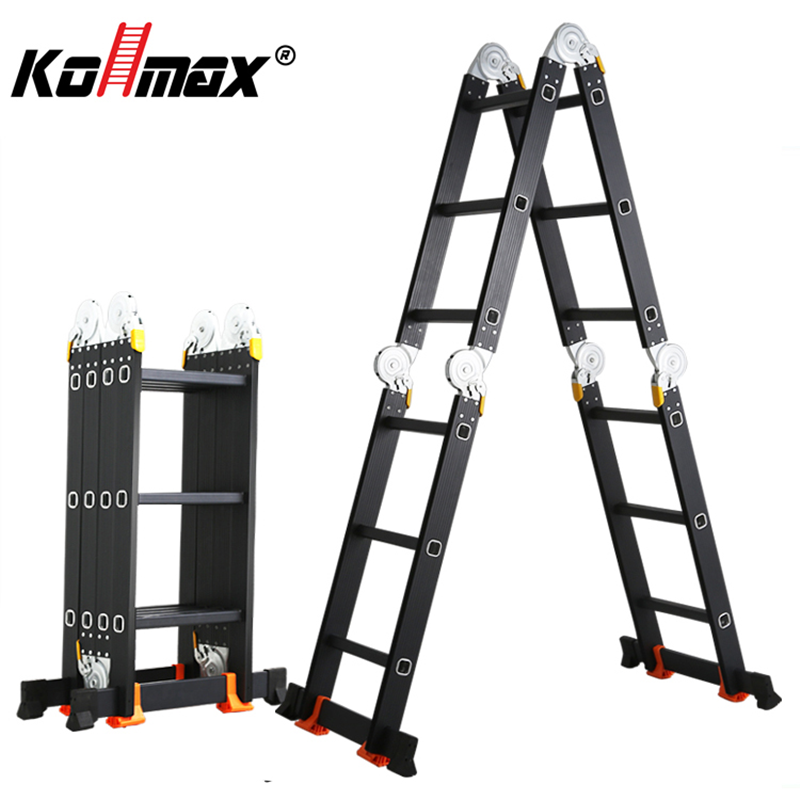 Kollmax 4*3 Black Color Aluminium Multipurpose Ladder EN131 Portable Folding Ladder Hinges Ladder