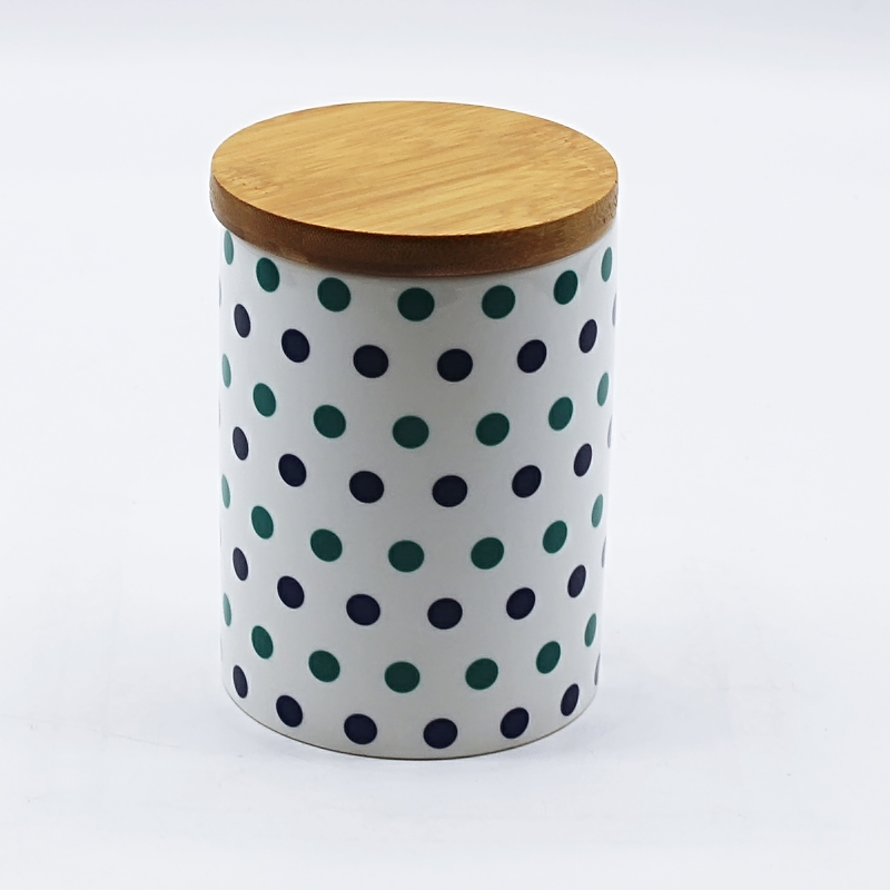ceramic storage jar with decal printing design and bamboo lid