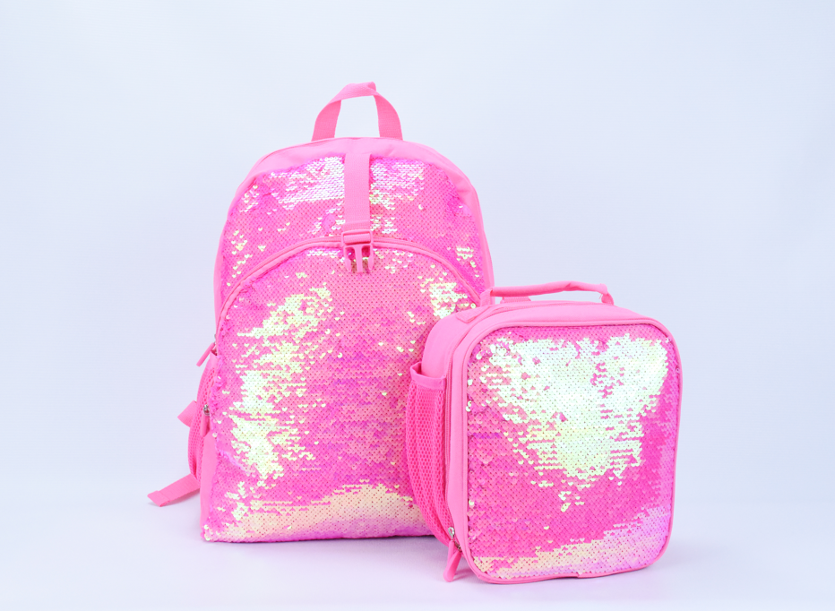 Lovely sequins school bag children backpack with lunch bag