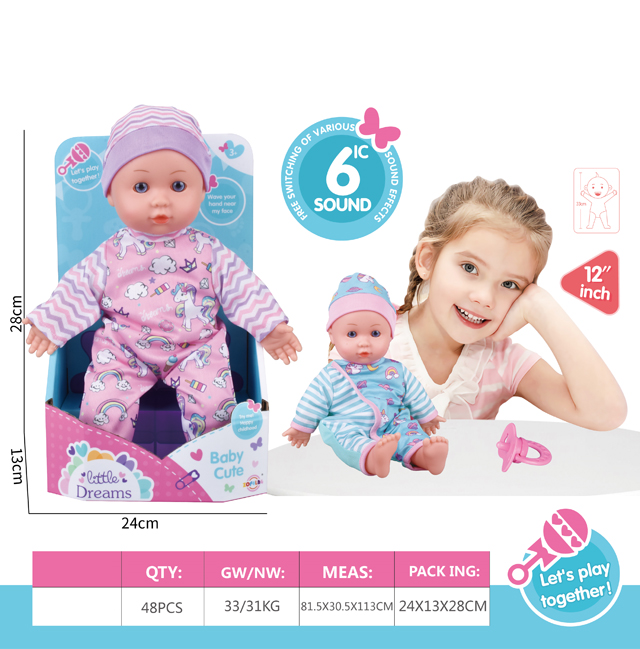 12 inch cotton body doll ic6 voice + pacifier (head and hands lined with glue)