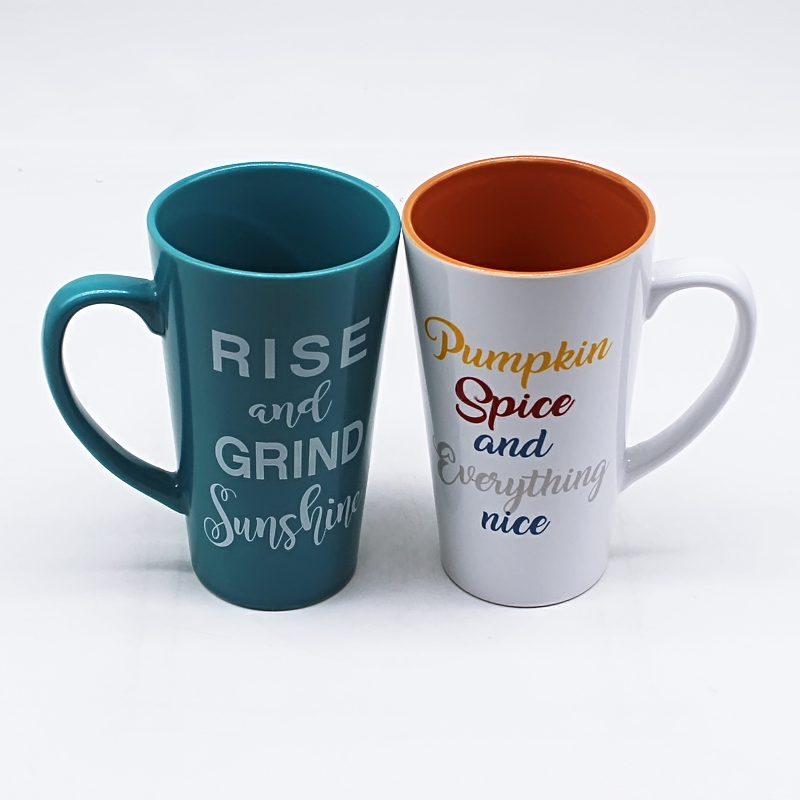 16oz ceramic v-shape mug with decal design