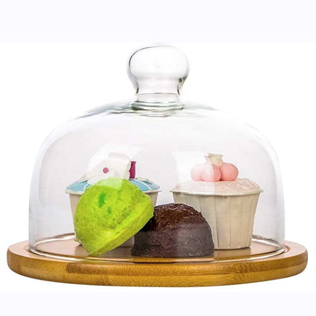 acacia wooden cake stand with glass lid