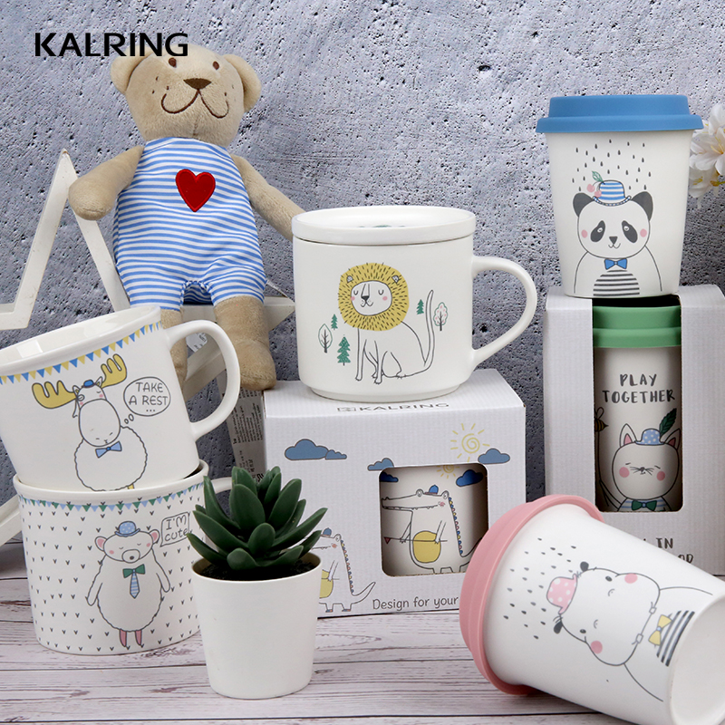 Kalring new bone china mug with pencil pattern with silicone lid for daily use
