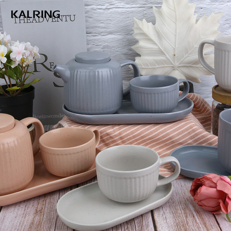 Stoneware tea set ceramic canister with bambo lid bowl with sesame glaze for daily use