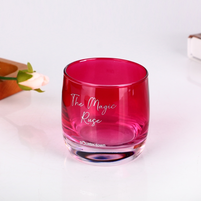 5oz gradient pink drum-shaped heavy bottom glass cup for whiskey or soft drinks