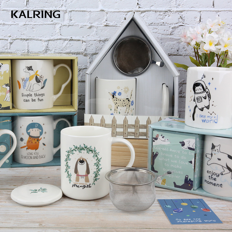 Kalring cartoon pattern ceramic mug with color box with filter for daily use