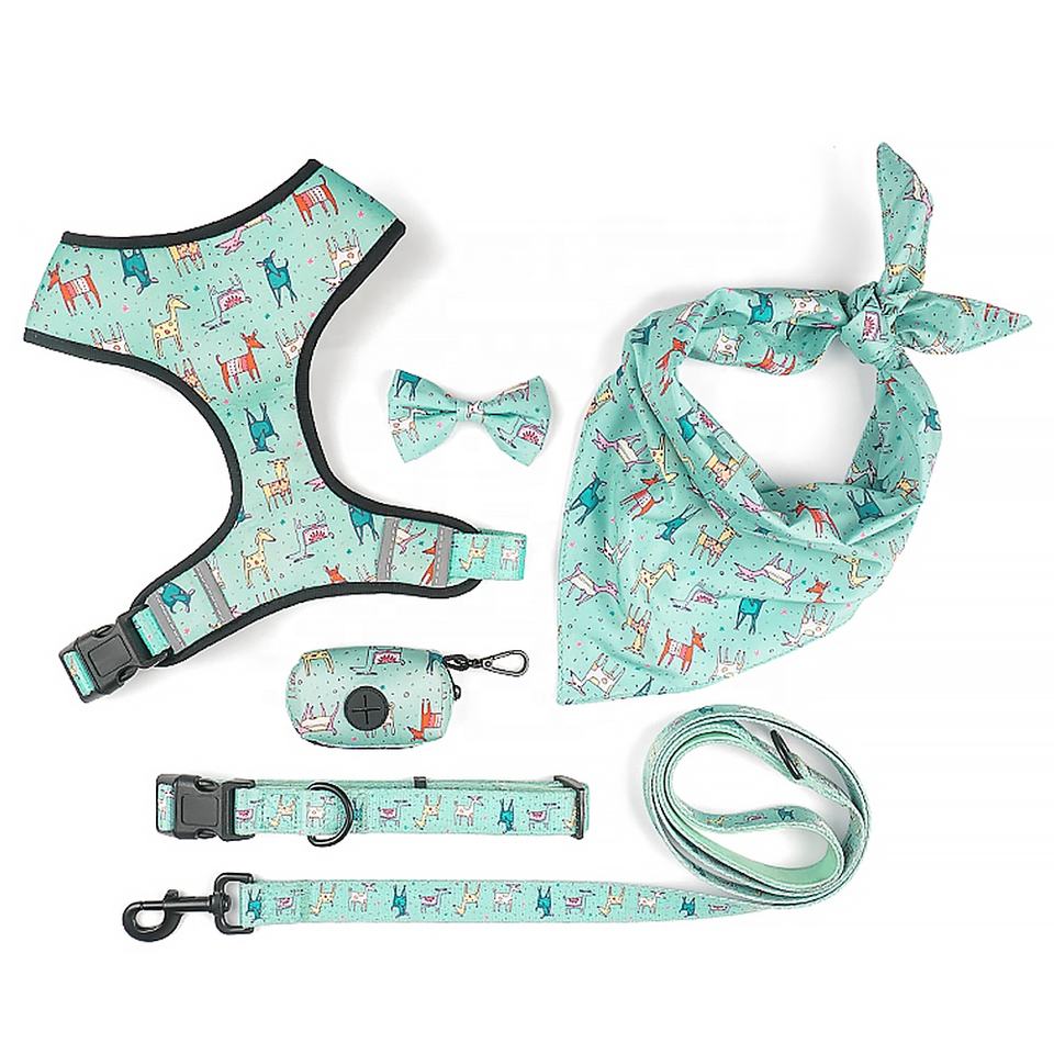 Custom Designer Nylon Dog Collar and Leash Set Adjustable Strap Plaid Fabric Neoprene Dog Harness Set